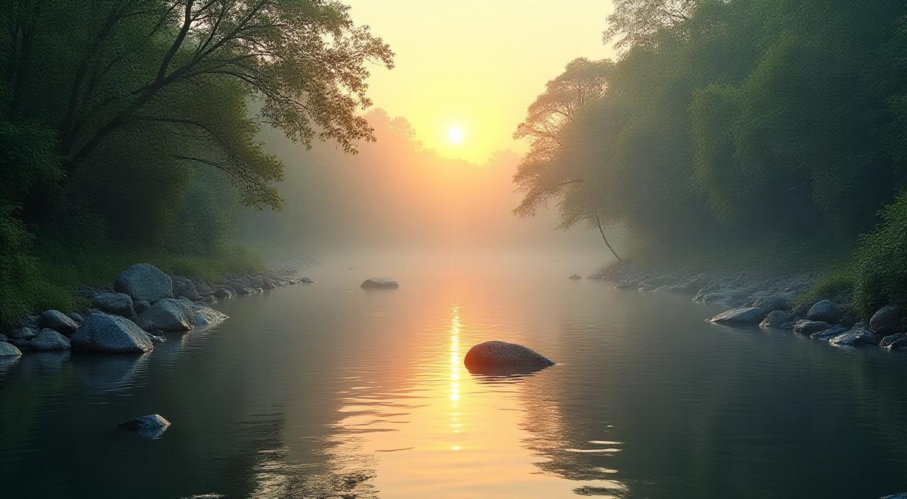 A serene river at dawn reflecting artisanal aesthetics